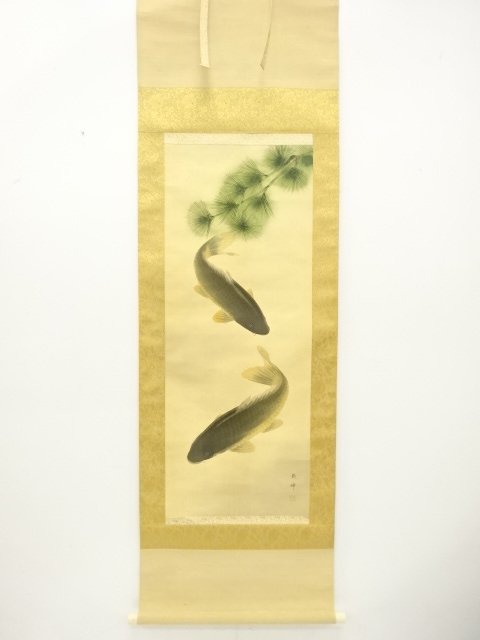 JAPANESE COLLECTIBLE / CARP BY CHIKUHO / TWIN CARP / SILK HANGING SCRO
